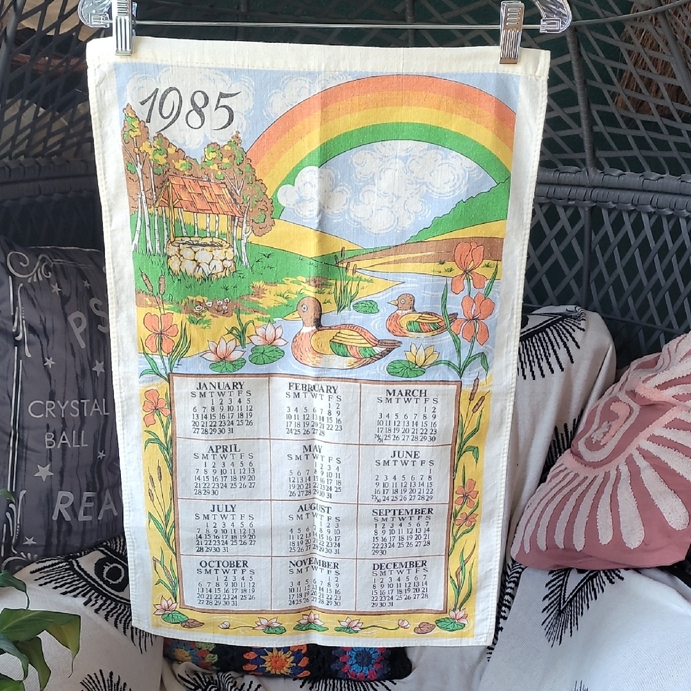 Vintage 1985 Calendar Tea Towel with Ducks and Rainbow